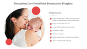 Mother holding a baby with a postpartum care list, featuring in red bullet points and text on a white background.