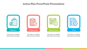 Action plan slide featuring four colored steps each represented by icons and text area.