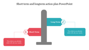 Slide displaying short-term and long-term action plans, with a central post connecting red and blue boxes with placeholder.