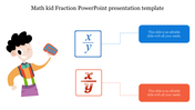 Colorful slide featuring a math kid with fractions, showcasing interactive elements for educational use with text.