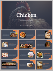 Slide deck with dark background and orange accents, featuring images of chickens, eggs, and farming scenes.