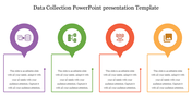 Data collection template featuring four icons in colored markers with text sections below each on a white background.