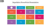 Template for superlative adjectives and adverbs, featuring a table with columns for base form, comparative, and superlative.