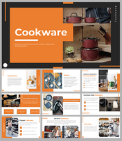 Cookware slide deck featuring images of pots and pans, covering types and their uses in cooking, with orange accents.