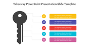 Takeaway PowerPoint slide with a key icon and five colorful sections for custom text, each with a number.