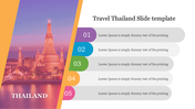 Thailand travel slide featuring a photo of a temple at sunset and five numbered text boxes for placeholder text.