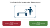 ESD slide showing an icon of a person interacting with an object emitting static electricity, with two caption boxes.