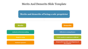 A slide comparing the merits and demerits of being a sole proprietor with a simple diagram split into two categories.