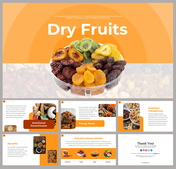 Vibrant orange slide pack with images of various dry fruits in a bowl, highlighting nutritional benefits and energy.