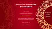 Stylish red background engagement invitation with gold floral accents and placeholders for names and event information.