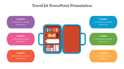 Travel kit infographic slide featuring an open suitcase filled with essentials and colorful captions.