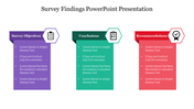 Three-section layout with purple, green, and red banners summarizing survey objectives with placeholder boxes.