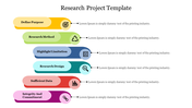 Colorful research project slide with six steps and corresponding icons with a text area.