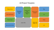 Multicolored grid layout with various rectangles in blue, green, orange, yellow, and gray arranged for project steps.