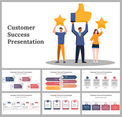 Customer success slide pack with illustrations of people and various layouts on success metrics and mission.