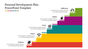 Personal Development Plan slide with a multicolored step graphic, highlighting elements with icons and text captions.