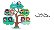 Colorful family tree template with labeled cartoon illustrations of grandparents, parents, aunts, uncles, and cousins.