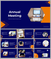 Annual meeting slide deck with a blue and orange theme, covering company performance, strategy, and market trends.