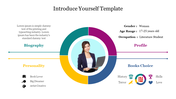 Self-introduction slide with a photo of a woman, biography, personality traits, and book preferences with colorful icons.