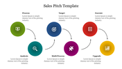 Sales pitch template with six circular icons in green, blue, red, and yellow, connected by arrows for a step-by-step process.