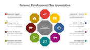 Colorful hexagon slide outlining various aspects of personal development with colorful icons and text captions.