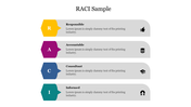 Slide featuring a RACI chart with four horizontal blocks in yellow, purple, blue, and green, outlining roles.