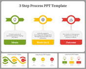 A pack of colorful 3 step process infographic slides outlining ideation, work, and outcome with text descriptions and icons.