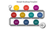 Roadmap with a gray path featuring colorful circles numbered from 01 to 10, ending with a white arrow on the right.