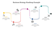 Business strategy roadmap slide featuring a curving timeline with six milestones, each labeled with captions and icons.