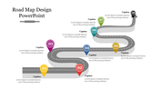 Winding road map design slide with eight colorful location markers labeled 1 to 8, each with caption placeholders for text.