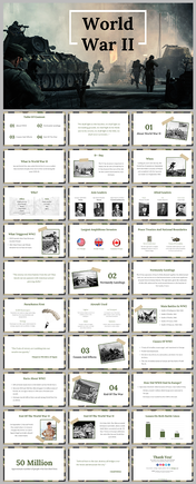 Series of slides covering the war's causes, major events, and effects, using a consistent military-style design.