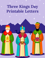 Illustration of the three kings holding gifts, with camels in the background and the text.