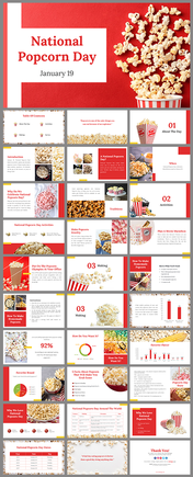 Pack of slides with popcorn visuals, celebration activities, history, and more in red and white accents.