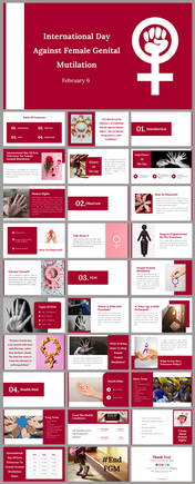 International day against female genital mutilation, featuring slides on FGM awareness, health risks, and human rights.