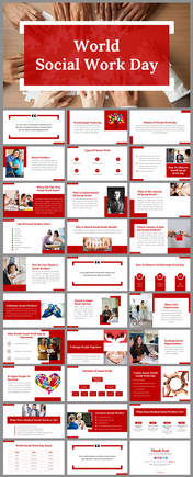 Slide deck featuring images of diverse social workers engaging with communities and individuals in red and white color theme.