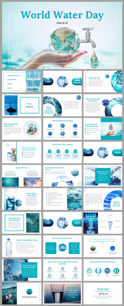 Blue themed slide deck showcasing water imagery, including drops, faucets, and oceans, discussing importance and saving tips.