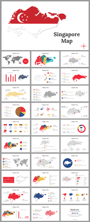 Slide pack with various Singapore map views including pie charts, bar graphs, in red, blue, and gold on a white background.