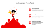 Illustration of a person holding a trophy on a red mountain peak with three achievement related points listed on the right.