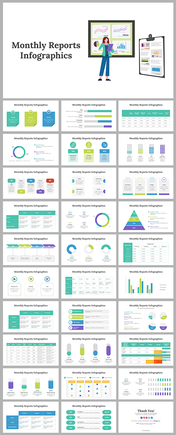 Slide deck on monthly report designs displayed in a grid layout, featuring charts, graphs, and diagrams in various colors.