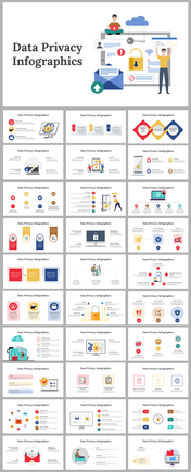 A collection of data privacy infographic slides showcasing various aspects in different colored layout designs with icons.