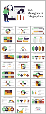 Risk management slide deck displaying circular charts, icons, and text areas with various infographic designs.