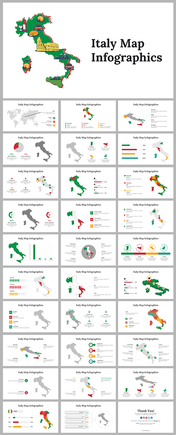 Italy map slide deck featuring vibrant illustrations, statistics, and customizable infographic elements.