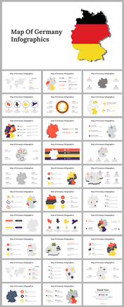 Germany map slides featuring charts, location markers, and data visualizations in red, yellow, black, and gray themes.