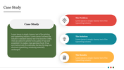 Case study slide featuring sections for the problem, solution, and results in colored blocks with icons and text area.