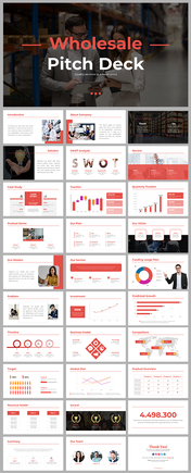 Wholesale pitch deck slides showcasing company overview, solutions, and SWOT analysis in a professional presentation format.