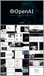 Slides showing open AI's with topics like goals, mission, milestones, Chat GPT, and API usage, in a modern layout.