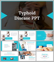 Slide deck with a teal and white theme focused on typhoid disease, featuring images of symptoms, treatment, and prevention.