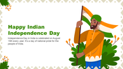 A man in an orange outfit waving the Indian flag, with green plants and a decorative border with text on the left.