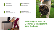 Workshop layout showing four composting steps with illustrations of garbage and composted soil.