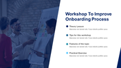 A slide for a workshop on improving the onboarding process, featuring a team discussing on a whiteboard with key topics.